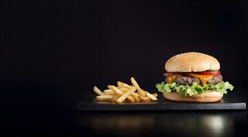 ai generato davanti Visualizza hamburger con francese patatine fritte isolato nel nero sfondo copia spazio ai generato foto