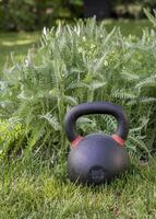 pesante ferro kettlebell su verde erba nel un' Giardino dietro la casa - all'aperto fitness concetto foto