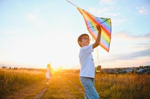 contento bambini lanciare un' aquilone nel il campo a tramonto. poco ragazzo e ragazza su estate vacanza. foto