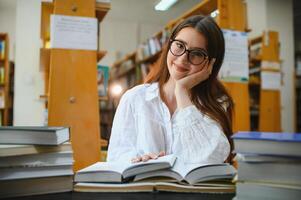 formazione scolastica, alto scuola, Università, apprendimento e persone concetto. sorridente alunno ragazza lettura libro foto