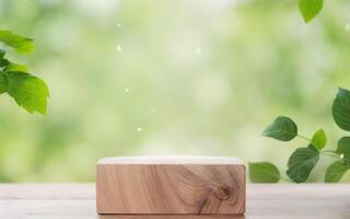 ai generato di legno Prodotto Schermo podio per cosmetico finto su con verde le foglie ai generato foto