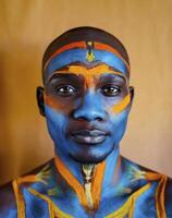 ai generato ritratto diversità di africano con dipinto viso nel indigeno cultura foto