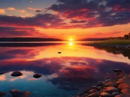 ai generato tramonto nel il lago sfondo foto