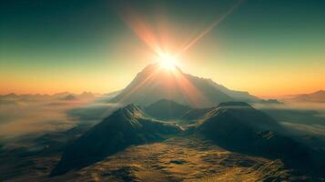 ai generato fantasia sbalorditivo natura scena,bellissimo montagna Visualizza nel d'oro ora ,alba o tramonto con d'oro leggero ,astratto sfondo . foto