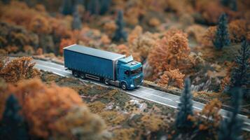 ai generato miniatura blu camion su un' strada attraverso autunnale foresta - la logistica e di stagione viaggio concetto foto