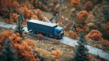 ai generato miniatura blu camion su un' strada attraverso autunnale foresta - la logistica e di stagione viaggio concetto foto