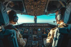 ai generato Due piloti nel il cabina di pilotaggio di un aereo foto