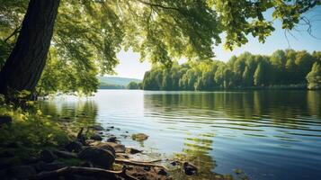 ai generato tranquillo, calmo bordo di lago ai generato foto