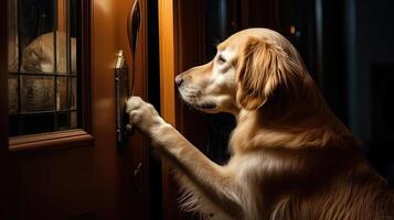 ai generato animale domestico cane apertura porta ai generato foto