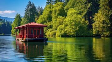 ai generato vacati casa galleggiante su lago ai generato foto