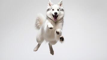 ai generato animale domestico cane giocando bianca sfondo ai generato foto