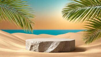 ai generato generato Immagine di minimalista podio con palma albero le foglie e spiaggia sabbia. adatto per cosmetico e bellezza Prodotto sta foto