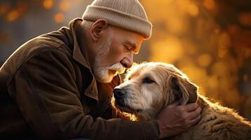 ai generato terapia cane con anziano ai generato foto