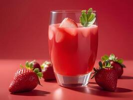 ai generato un' bicchiere di fragola succo fa cenno contro un' vivace rosso sfondo foto