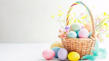 ai generato un Pasqua cestino con uova e fiori ruba il riflettore, meticolosamente disposte contro un' chiaro, radiante bianca sfondo e copia spazio per testo foto