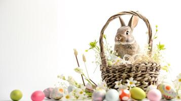 ai generato un Pasqua cestino con un' coniglietto seduta nel esso ruba il riflettore, meticolosamente disposte contro un' chiaro, radiante bianca sfondo e copia spazio per testo foto