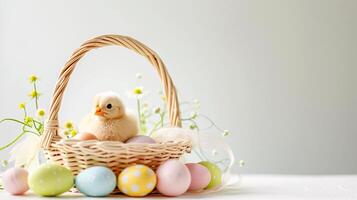 ai generato un Pasqua cestino con un' giallo pollo ruba il riflettore, meticolosamente disposte contro un' chiaro, radiante bianca sfondo e copia spazio per testo foto