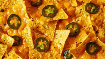 ai generato vicino su di cinema cibo nachos con formaggio e jalapeno nel un' pieno schermo piastrella Immagine quello può essere ripetuto infinitamente foto