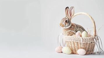ai generato un Pasqua cestino con un' coniglietto seduta nel esso ruba il riflettore, meticolosamente disposte contro un' chiaro, radiante bianca sfondo e copia spazio per testo foto