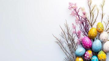 ai generato un Pasqua decorazione ruba il riflettore, meticolosamente disposte contro un' chiaro, radiante bianca sfondo spirito copia spazio foto