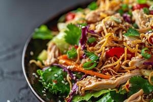 ai generato asiatico pollo insalata con triturati pollo, verdure e tagliatelle foto