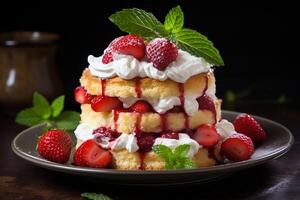 ai generato fragola shortcake su un' buio calcestruzzo sfondo stratificato diletto delizioso fresco al forno salutare vegano buongustaio fatti in casa dolce foto