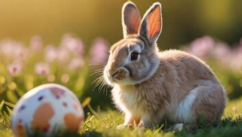 ai generato foto di carino poco Pasqua coniglietto seduta vicino Pasqua uova nel fiorito prato d'oro ora sole è splendente bandiera Immagine. ai generato