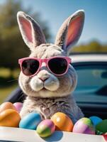 ai generato foto di carino Pasqua coniglietto con occhiali da sole guardare su di un' auto archiviato con Pasqua uova. ai generato