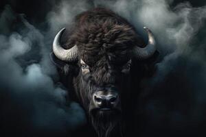 ai generato viso di un' bisonte Guardando noi con predatore occhi nel un' pieno nero arredamento e Fumo foto