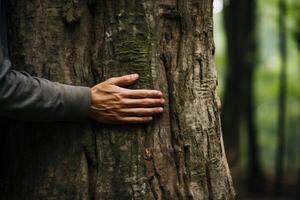 ai generato natura amante abbracciare tronco albero foto