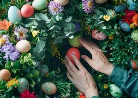 ai generato donna lavorazione un' a tema primaverile floreale ghirlanda con Pasqua decorazioni foto
