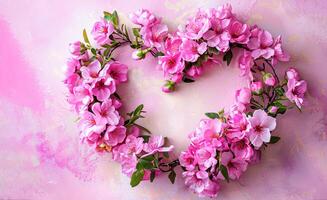 ai generato vivace rosa floreale cuore ghirlanda visualizzato su un' morbido pastello sfondo foto