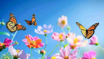 ai generato farfalle svolazzanti tra vivace fiori selvatici su un' soleggiato giorno foto