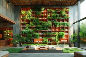 ai generato lussureggiante verticale giardino adornare un' moderno interno spazio con naturale leggero foto