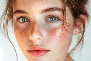 ai generato avvicinamento ritratto di un' giovane donna con Impressionante blu occhi e lentiggini foto