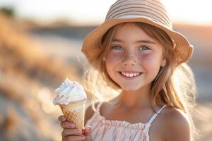 ai generato sorridente giovane ragazza nel sole cappello godendo ghiaccio crema cono su un' soleggiato estate giorno foto