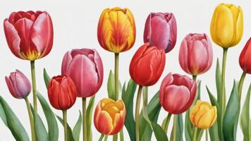 ai generato foto di rosa rosso e giallo tulipano impostato acquerello pittura fiore elementi su isolato bianca sfondo mano dipinto carta parete arte clip arte o il tuo design. ai generato
