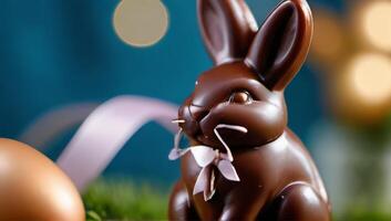 ai generato foto di un' avvicinamento di un' cioccolato Pasqua coniglietto con un' nastro. ai generato