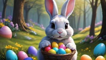 ai generato foto di Pasqua coniglietto con un' cestino di Pasqua uova santo vacanza di Pasqua Immagine. ai generato