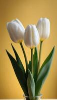 ai generato foto di bianca tulipani su giallo sfondo. ai generato