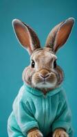 ai generato foto di coniglio nel un' coniglietto completo da uomo turchese sfondo con spazio. ai generato