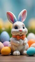 ai generato foto di Pasqua coniglietto figurina in giro colorato uova. ai generato