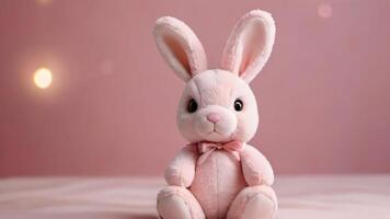 ai generato foto di morbido giocattolo coniglietto bambino rosa coniglio su rosa sfondo ripieno animale bambini suo un' ragazza bambino camera bambino doccia. ai generato