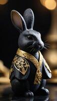 ai generato foto di elegante coniglio figurina fatto di nero marmo con oro spolverare il coniglio è vestito regalmente nel un squisito accappatoio con d'oro modelli tecnologia. ai generato