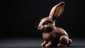 ai generato foto di un' solitario cioccolato coniglietto figura contro un' buio strutturato sfondo. ai generato