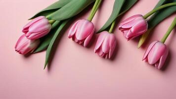 ai generato foto di primavera tulipano fiori su rosa sfondo superiore Visualizza nel piatto posare stile saluto Da donna o madri giorno o primavera vendita striscione. ai generato