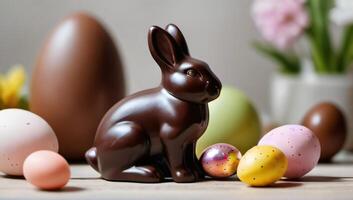 ai generato foto di Pasqua composizione con cioccolato coniglietto e colorato Pasqua uova di pasqua composizione con cioccolato coniglietto e colorato Pasqua uova. ai generato