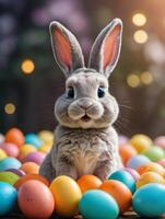 ai generato foto di contento Pasqua coniglietto con molti colorato Pasqua uova. ai generato