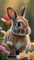 ai generato foto di carino coniglio con fiori illustrazione. ai generato