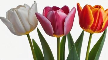 ai generato foto di impostato di bellissimo tulipano fiori isolato al di sopra di un' bianca sfondo ritagliare floreale profumo essenziale olio romantico Fiore di campo o giardino design elementi collezione. ai generato